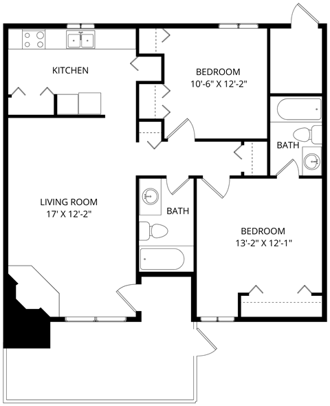 Floor plan for 2 beds, 2 baths, 868 sqft